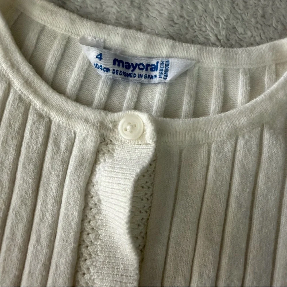 Mayoral | Ribbed Knit Cropped Cardigan with Ruffle Hem | Size 4